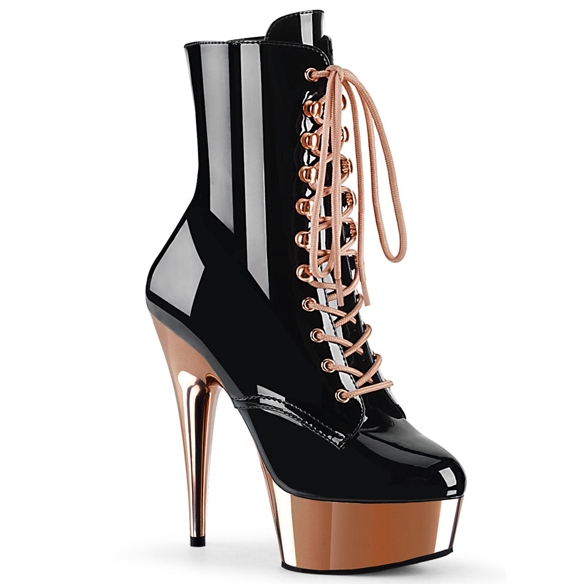 Pleaser Womens Ankle Boots DELIGHT-1020 Blk Pat/Rose Gold Chrome