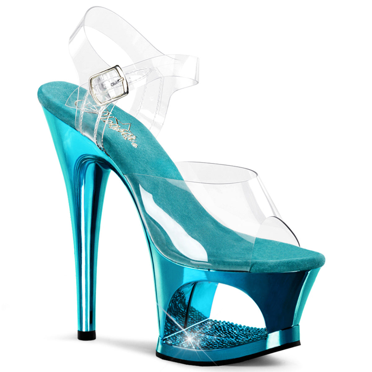 Pleaser Womens Sandals MOON-708DMCH Clr/Turquoise Chrome