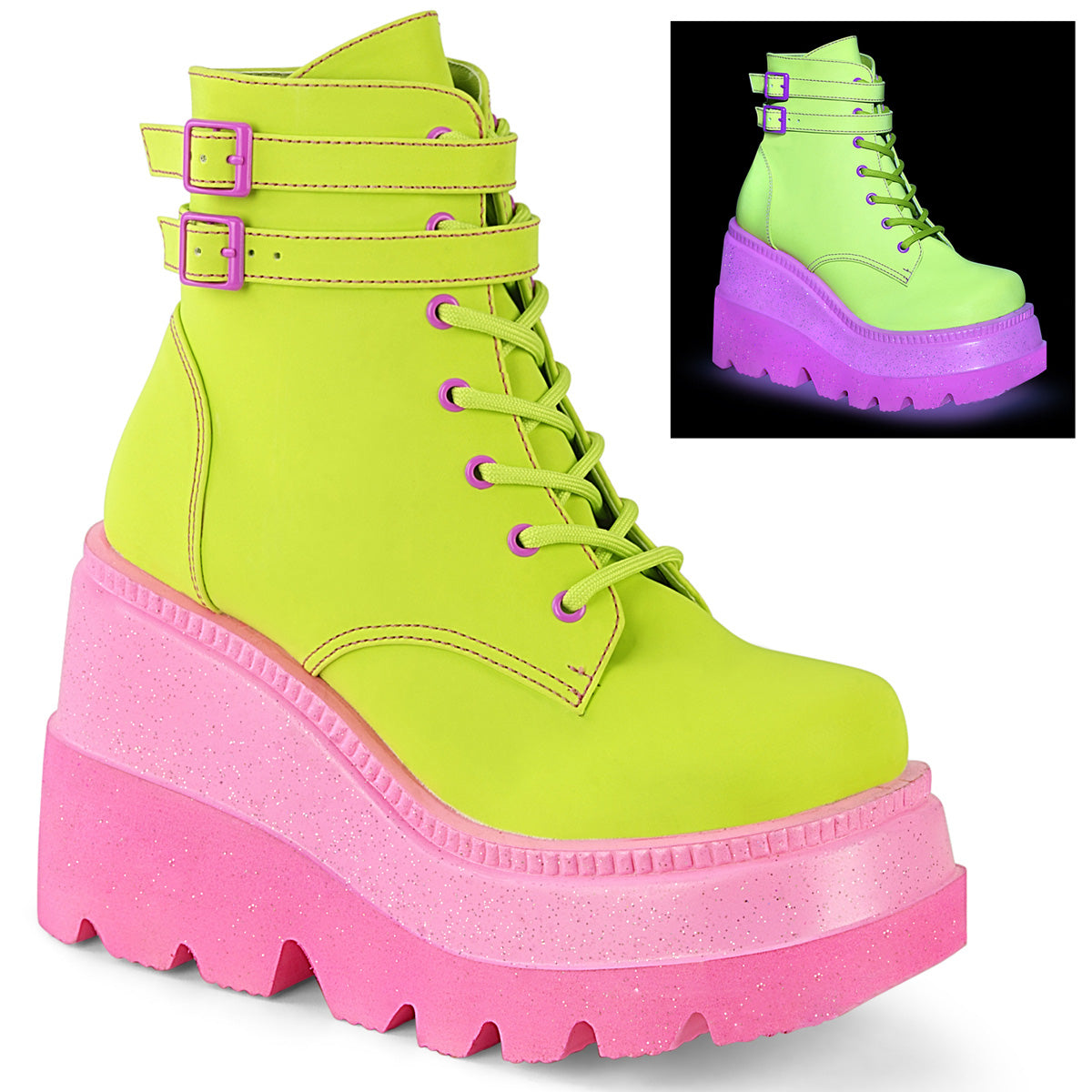 DemoniaCult Womens Boots SHAKER-52 Lime Reflective Vegan Leather/Pink