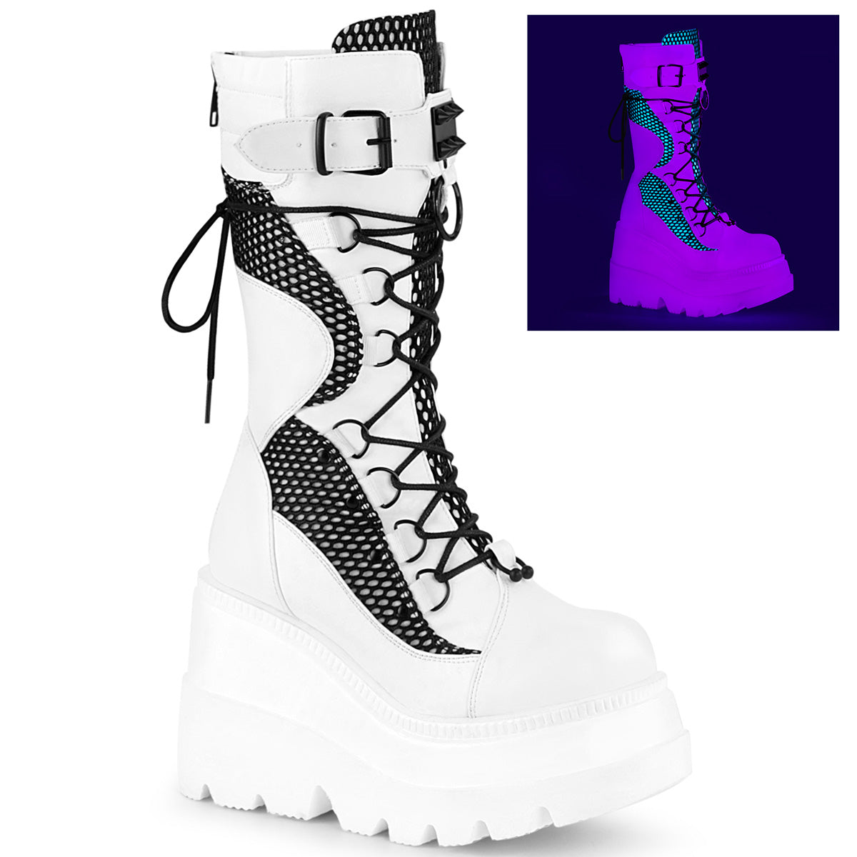 DemoniaCult Womens Boots SHAKER-70 White Vegan Leather-Blk Fishnet