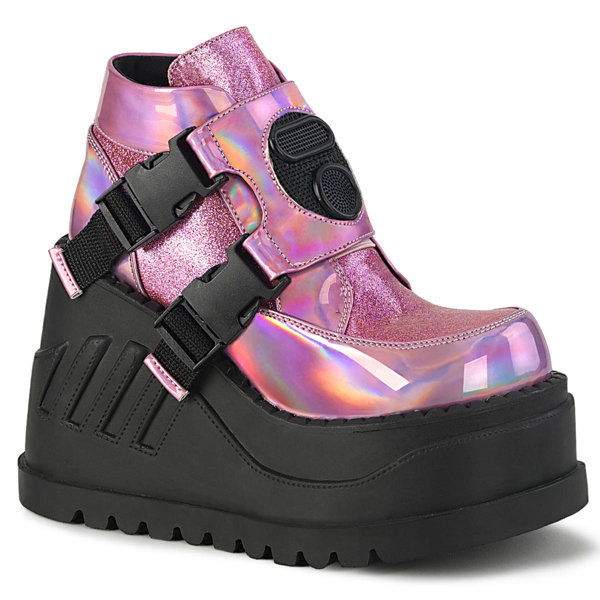 DemoniaCult Womens Ankle Boots STOMP-15 Pink Hologram-Glitter